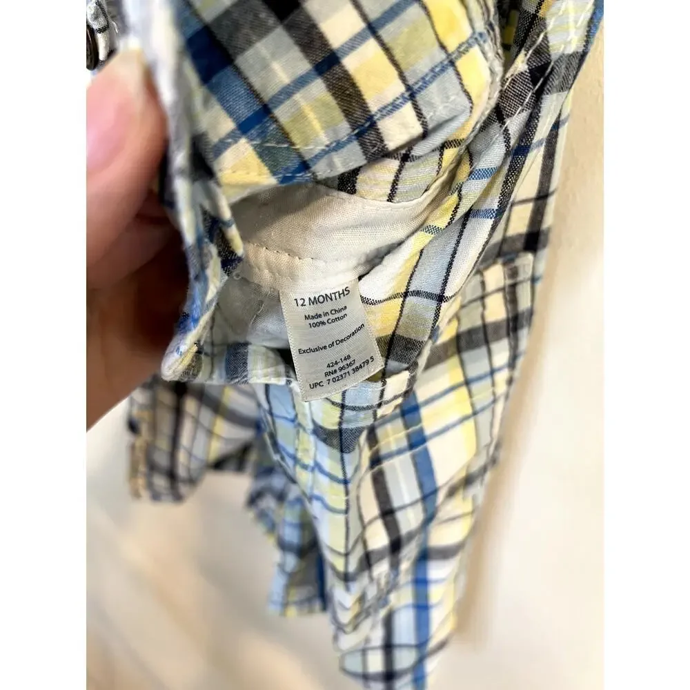 OshKosh B’gosh Baby Boy Overalls 12M Plaid Blue Yellow Shortalls Summer Toddler